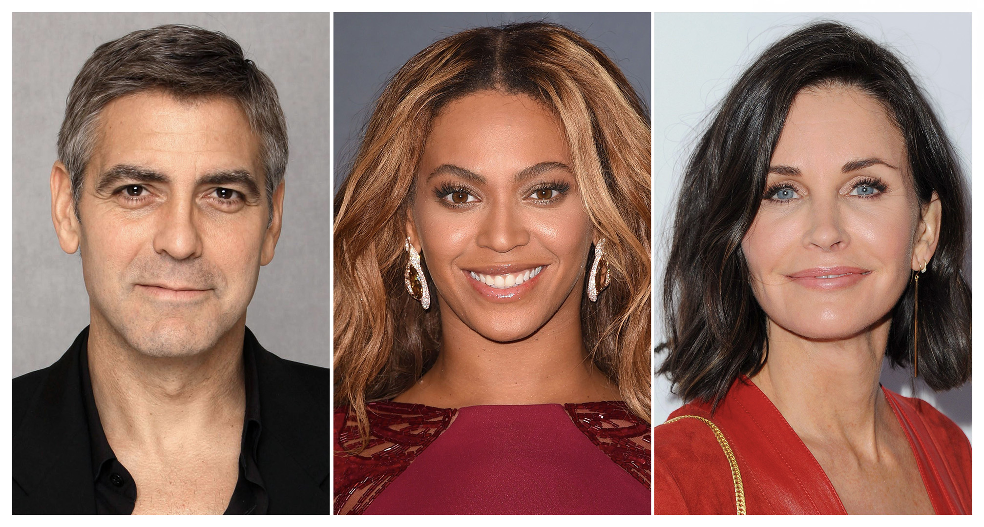 collage of george clooney, beyoncé, and courtney cox