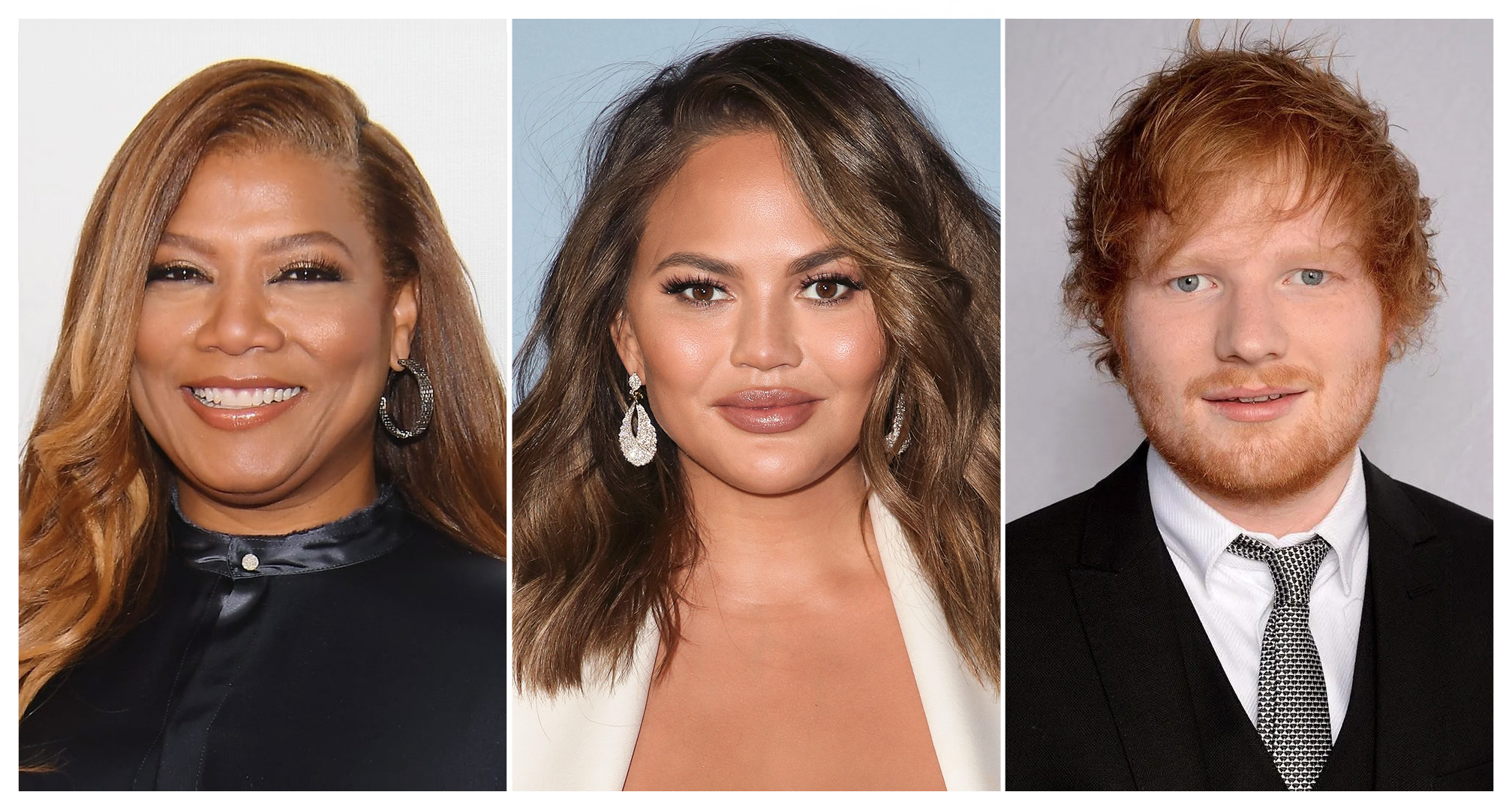 collage of queen latifah1, chrissy teigen, and ed sheeran.