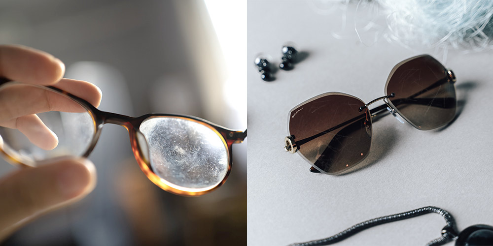 două imagini cu ochelari de vedere și de soare cu lentile zgâriate
