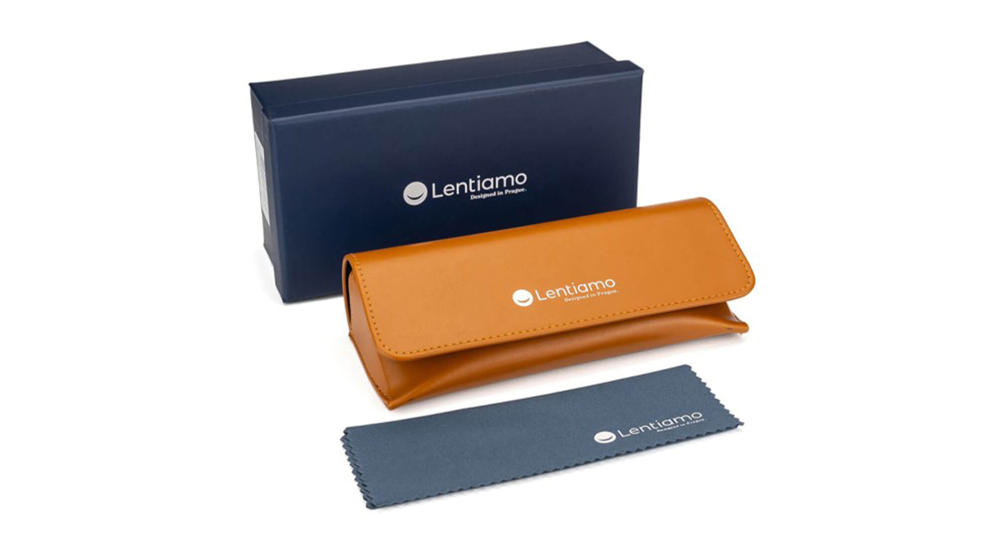 brown lentiamo glasses case with dark blue box and microfiber cloth